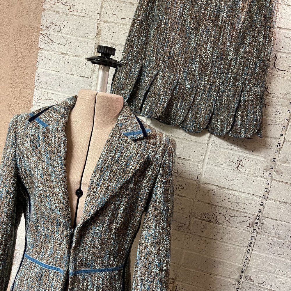 Allen Schwartz clueless Blue  Plaid Skirt Blazer Suit Set Wool Blend 4